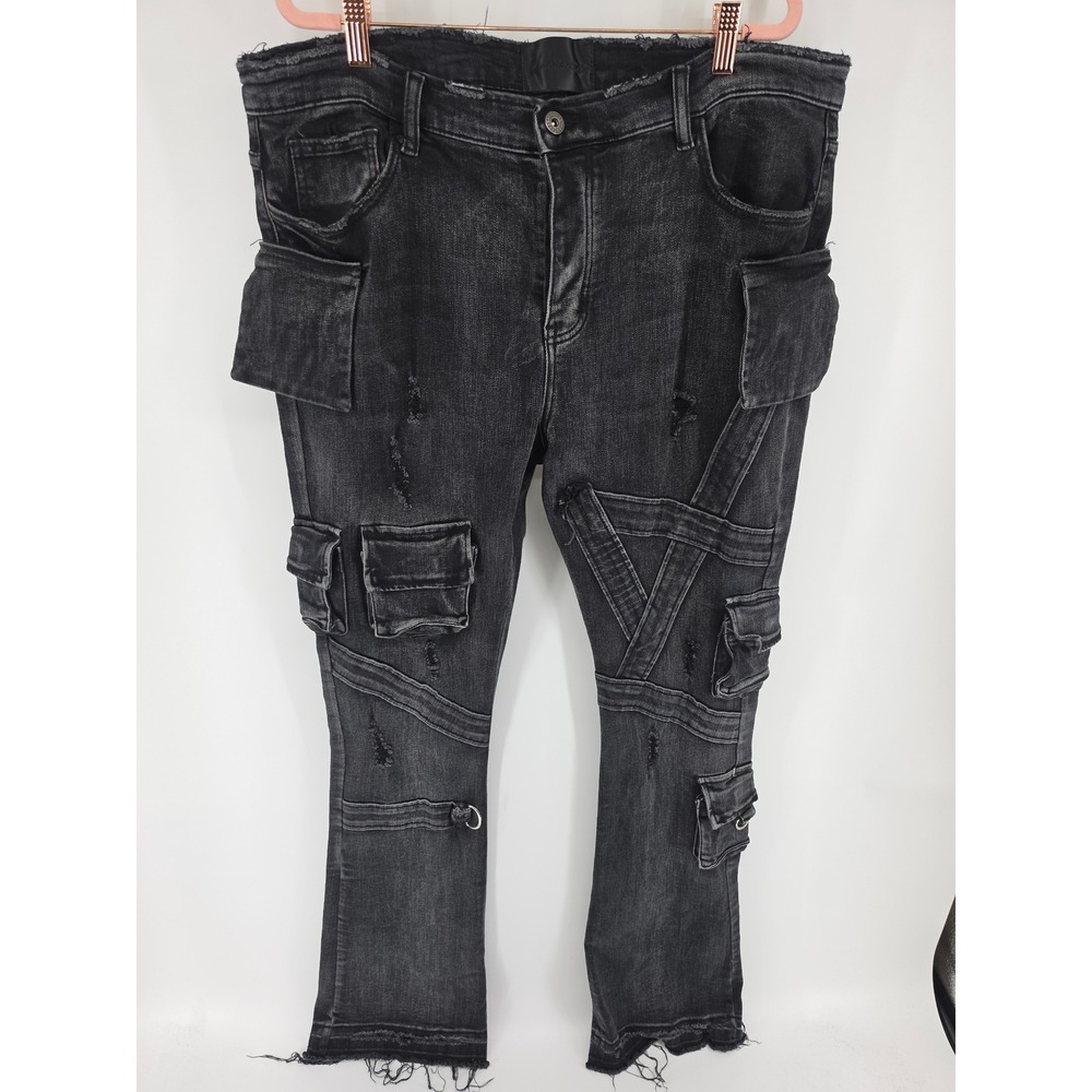 Valabasas Mens Distressed Cargo Jeans Black Multi Pocket Streetwear Size 40